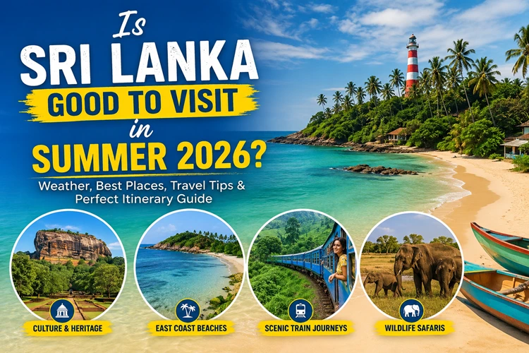 Summer travel in Sri Lanka featuring scenic train journeys, east coast beaches, Sigiriya Rock Fortress, and wildlife safaris
