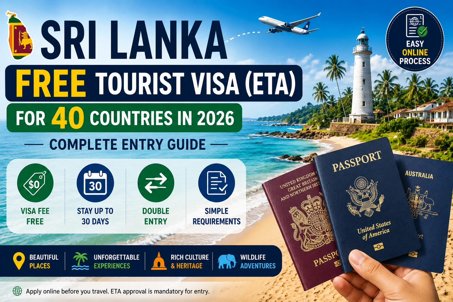 Sri Lanka Free Tourist Visa (ETA) for 40 Countries in 2026 – Entry Requirements and Travel Guide